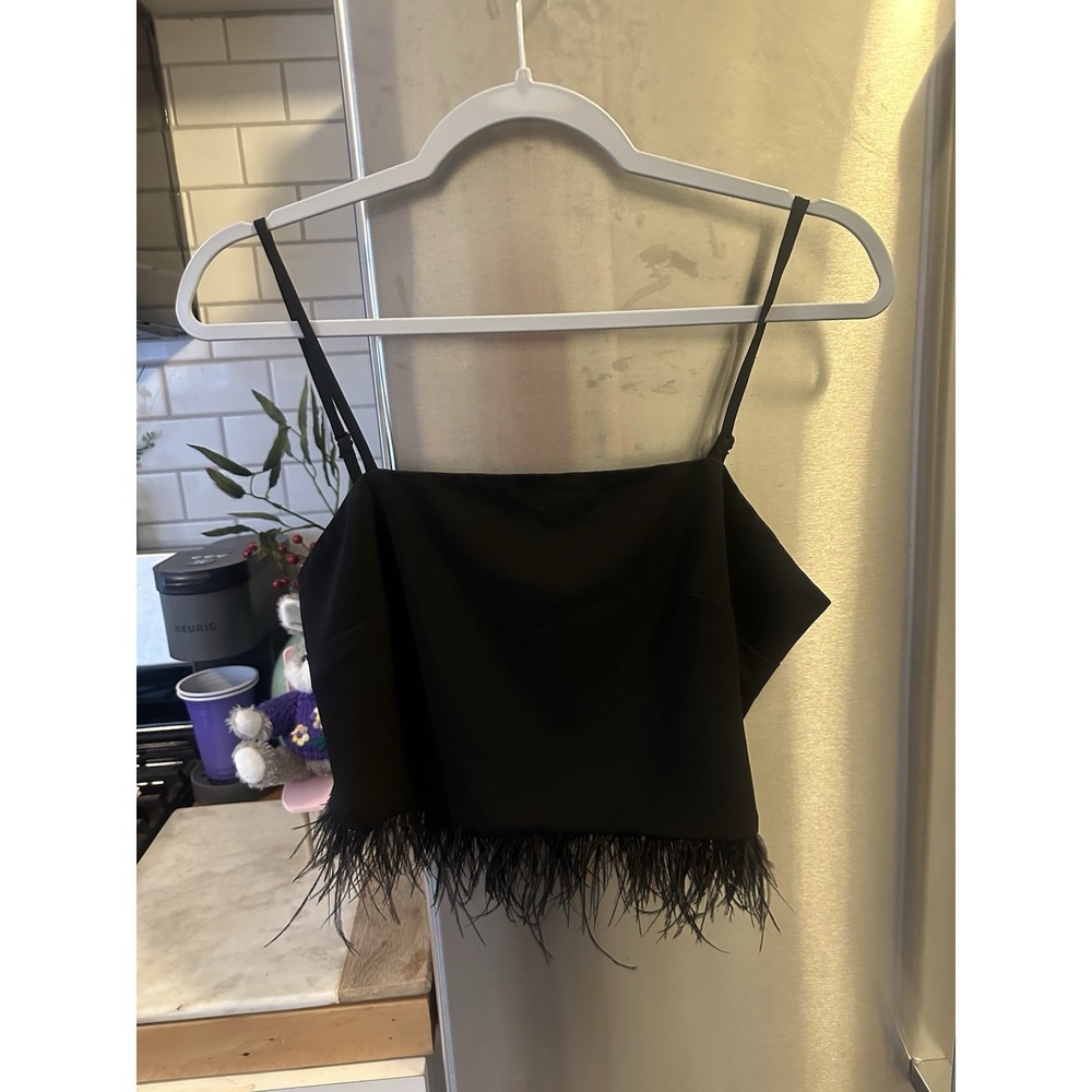 Mi Ami Fur Fringe Back Zip Cropped Spaghetti Strap Black Stunner Tank Top SzM